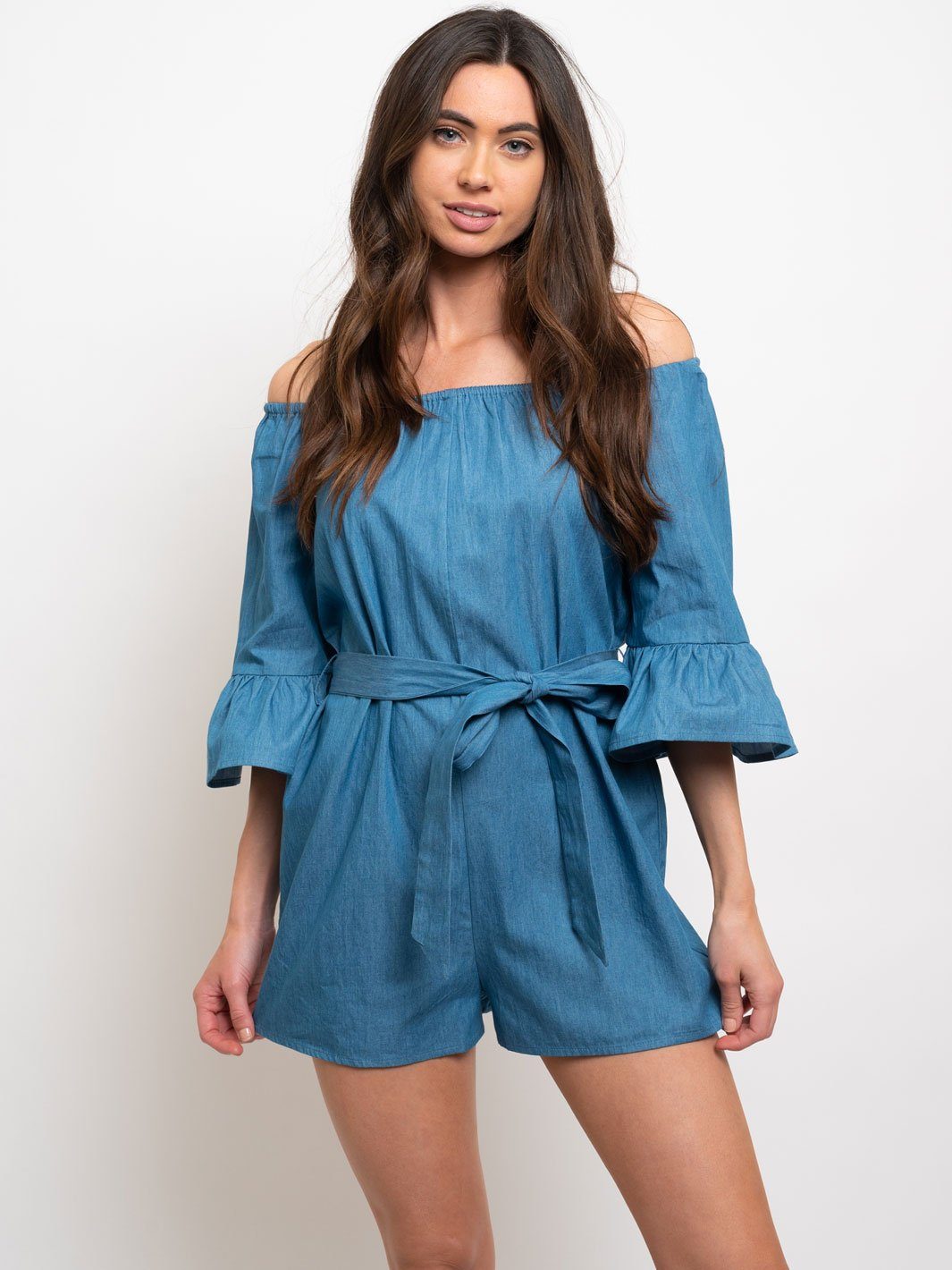 WOMENS CHAMBRAY OFF SHOULDER ROMPER