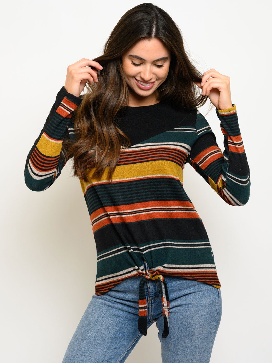 WOMEN'S LONG SLEEVE STRIPES FRONT TIE TOP