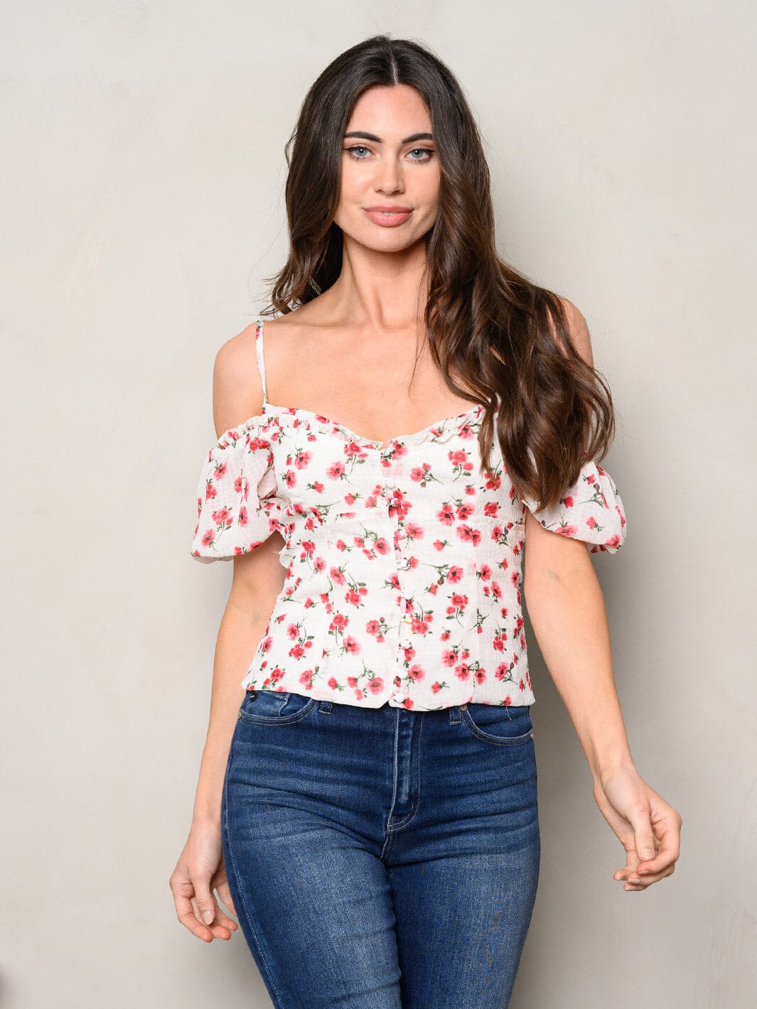 WOMEN'S OFF SHOULDER V-NECK FLORAL TOP