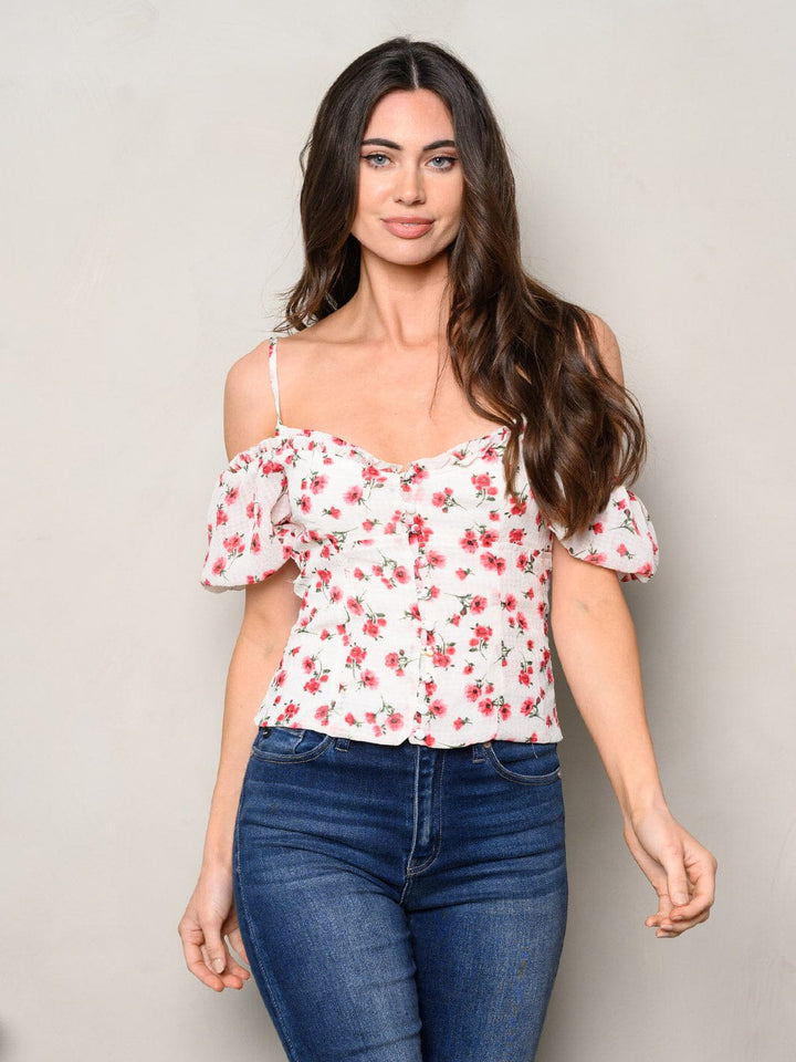 WOMEN'S OFF SHOULDER V-NECK FLORAL TOP
