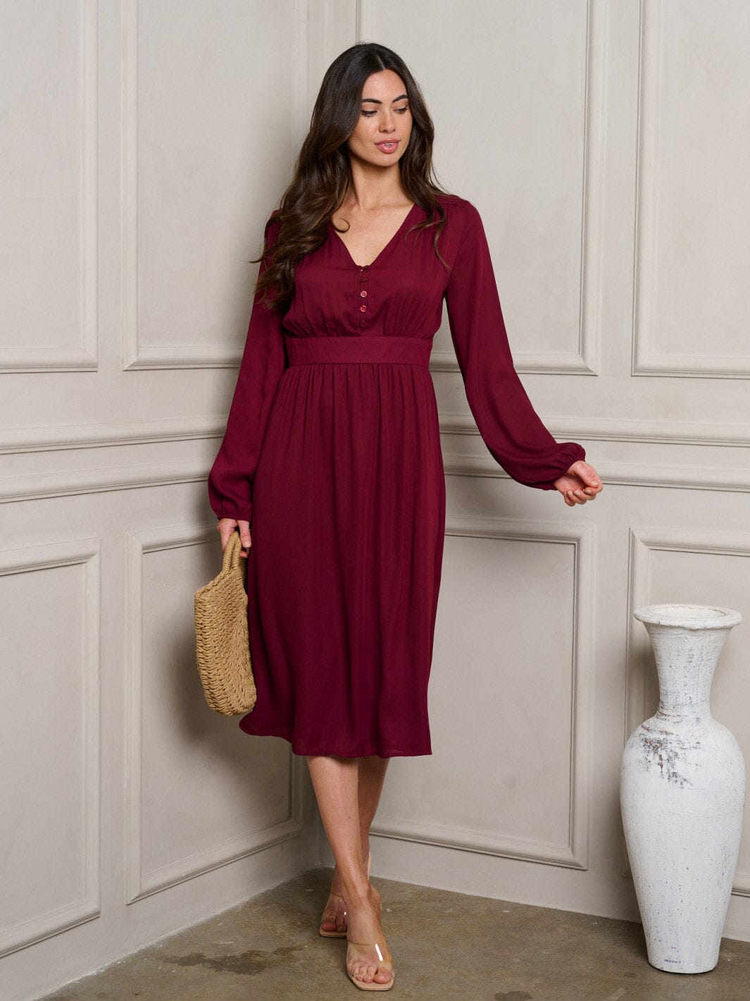WOMEN'S LONG SLEEVE V-NECK MIDI DRESS