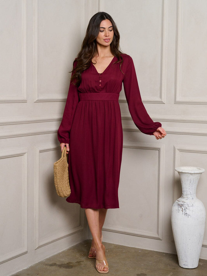 WOMEN'S LONG SLEEVE V-NECK MIDI DRESS