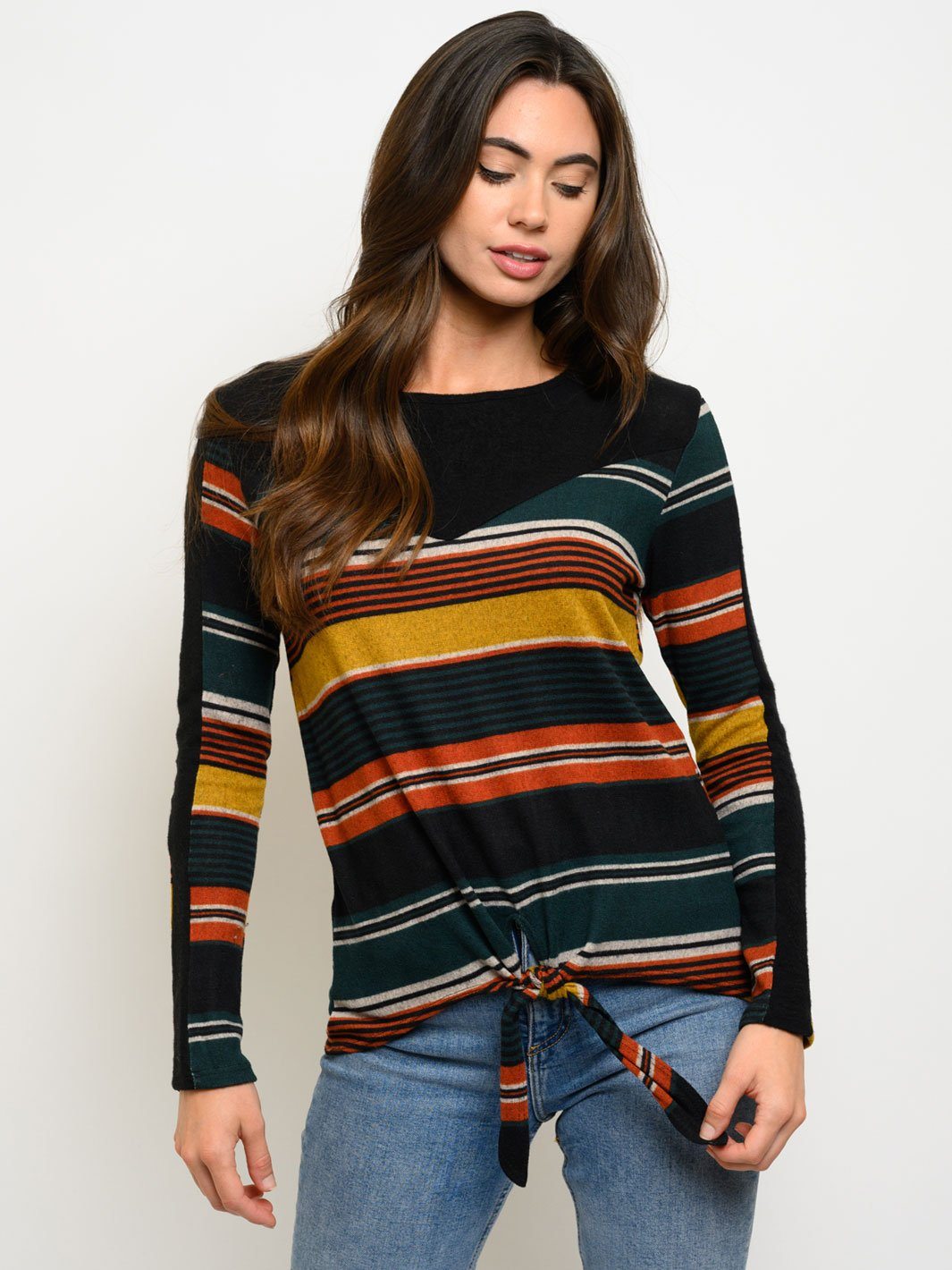 WOMEN'S LONG SLEEVE STRIPES FRONT TIE TOP