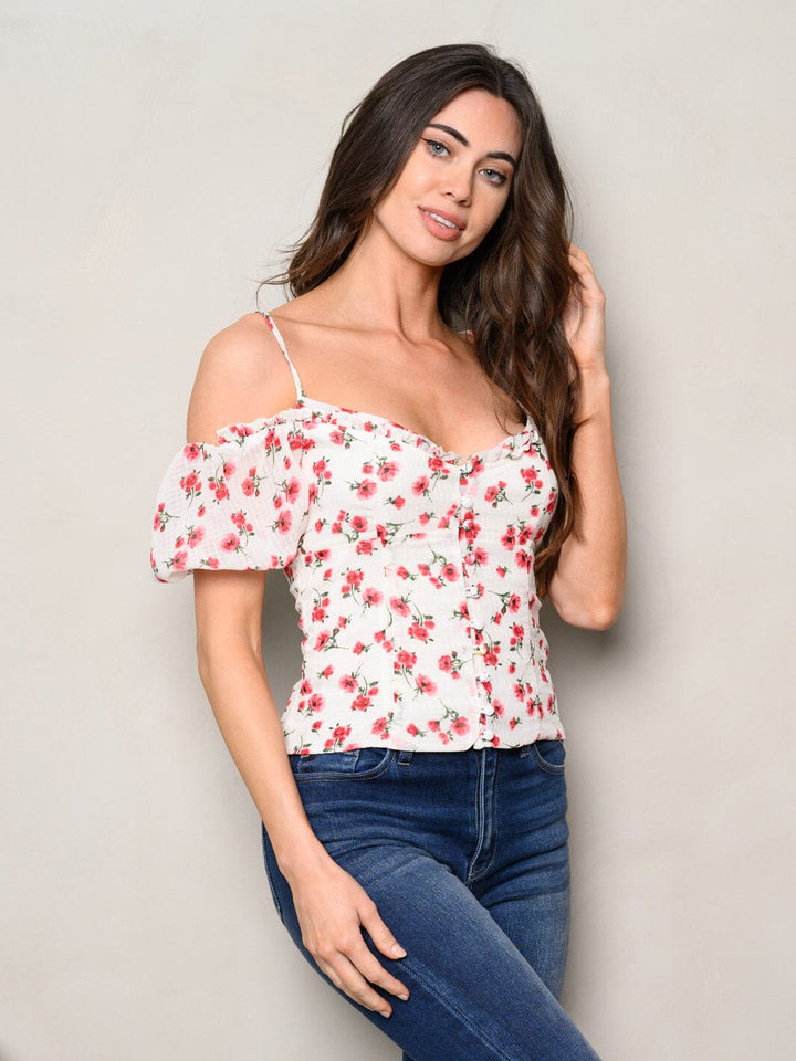 WOMEN'S OFF SHOULDER V-NECK FLORAL TOP