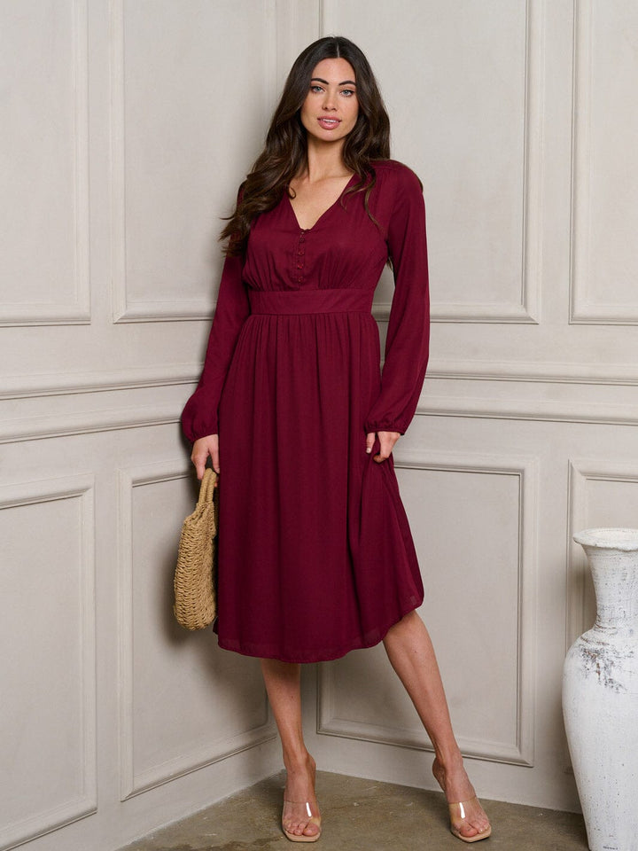 WOMEN'S LONG SLEEVE V-NECK MIDI DRESS