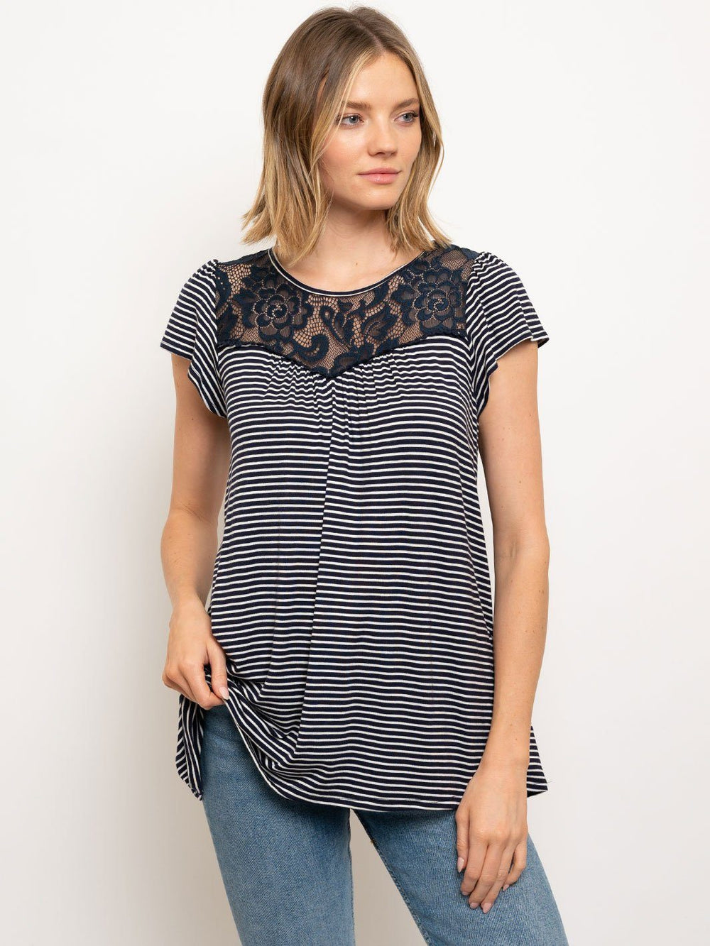 WOMEN'S PIN STRIPES TUNIC ROUND NECK RUFFLE SLEEVE LACE TRIM TOP