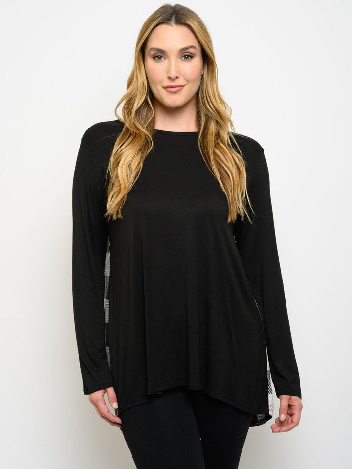 PLUS SIZE LONG SLEEVE PLAID BACK TUNIC TOP