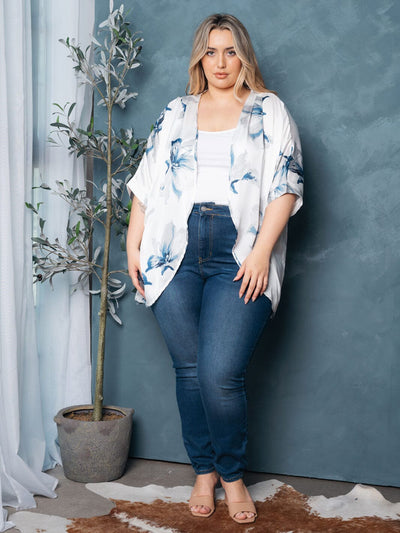 PLUS SIZE SHORT SLEEVE OPEN FRONT FLORAL CARDIGAN