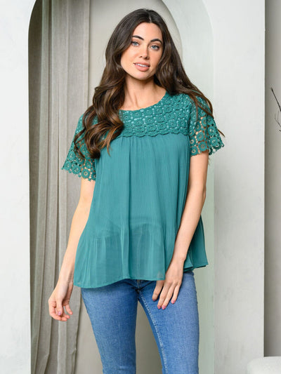 WOMEN'S SHORT SLEEVE LACE PLEATED TOP
