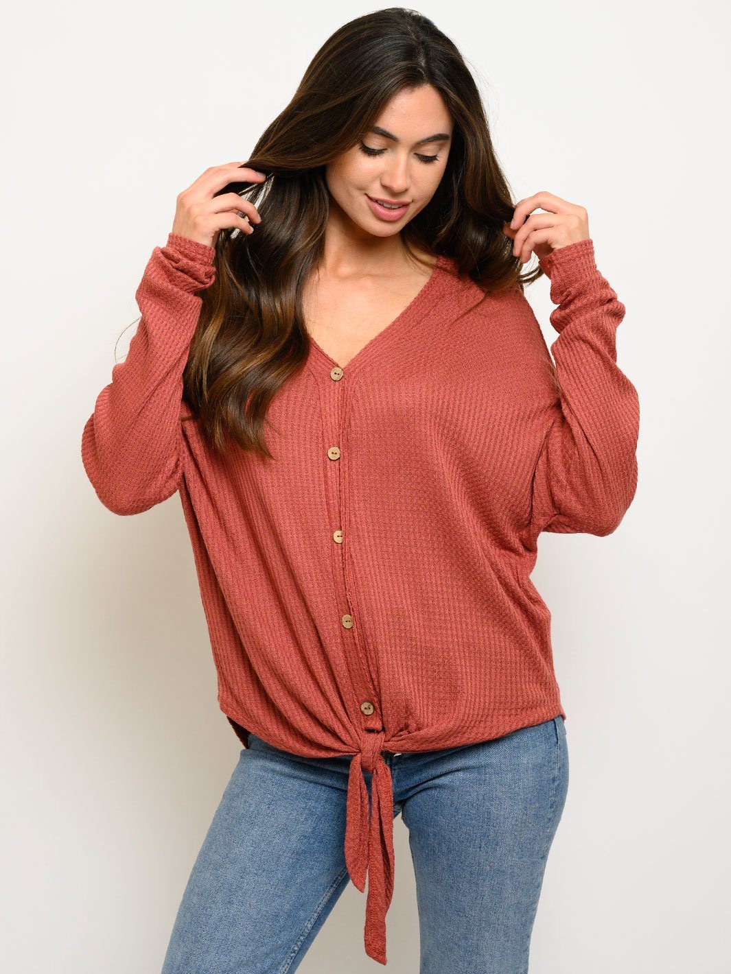 WOMEN'S BRUSHED WAFFLE BUTTON UP TOP