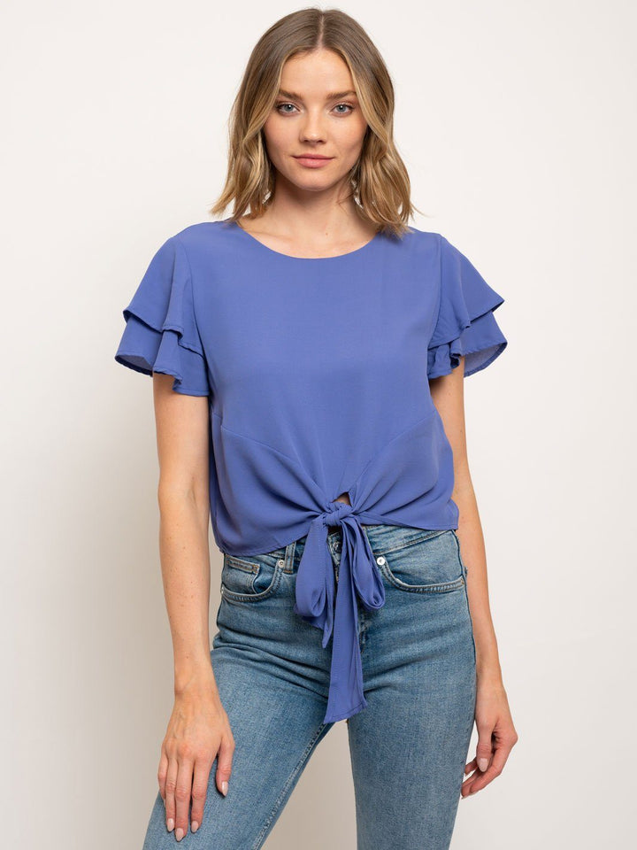 WOMEN'S FLUTTER DOUBLE SHORT SLEEVE FRONT TIE TOP