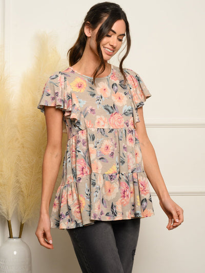 WOMEN'S SHORT RUFFLE SLEEVE TIERED FLORAL TOP