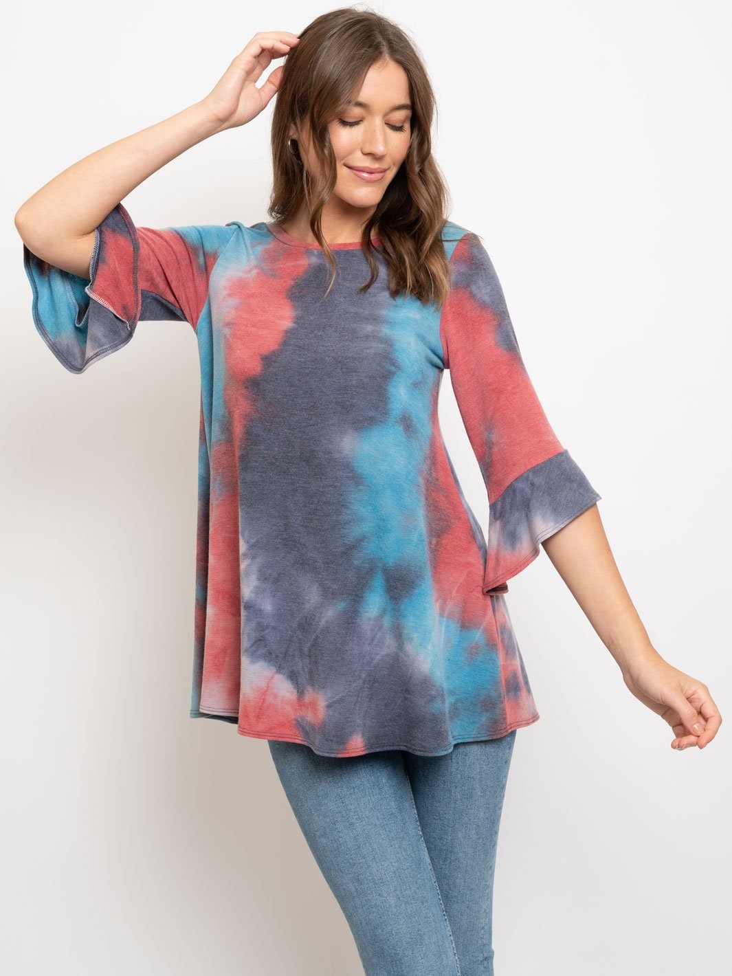 WOMEN'S MULTI 3/4 RUFFLE SLEEVE TUNIC TOP