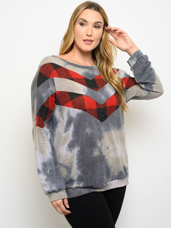 PLUS SIZE TIE DYE PLAID DETAIL LONG SLEEVE TOP