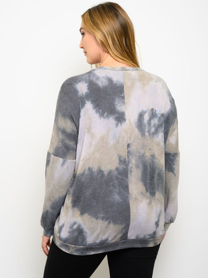 PLUS SIZE TIE DYE PLAID DETAIL LONG SLEEVE TOP