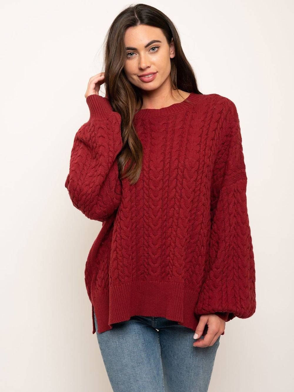 WOMEN'S BALLOON SLEEVES CABLE KNIT SWEATER