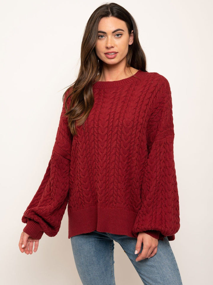 WOMEN'S BALLOON SLEEVES CABLE KNIT SWEATER