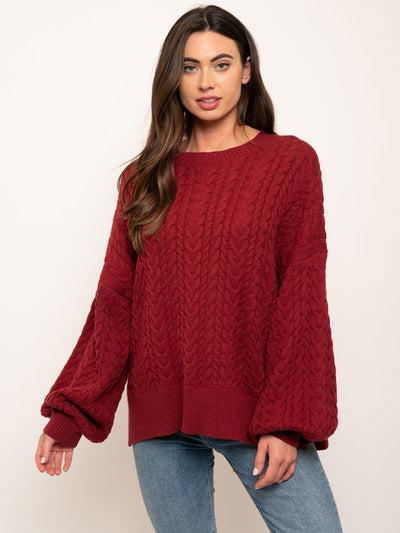 WOMEN'S BALLOON SLEEVES CABLE KNIT SWEATER