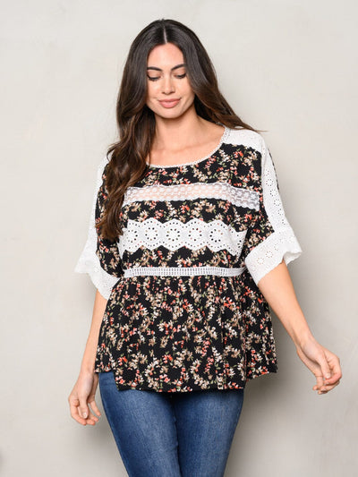 WOMEN'S SHORT SLEEVES FLORAL LACE TUNIC TOP
