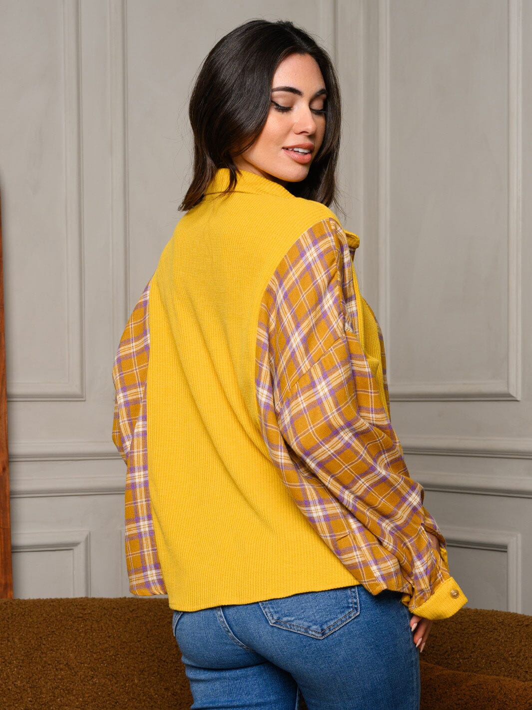 WOMEN'S LONG SLEEVE BUTTON UP COLORBLOCK TOP