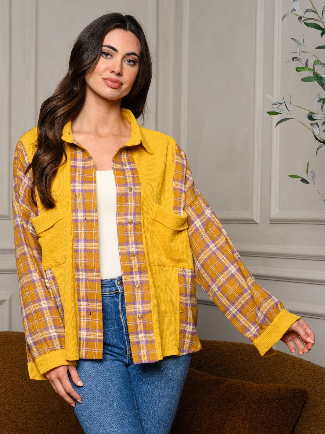 WOMEN'S LONG SLEEVE BUTTON UP COLORBLOCK TOP