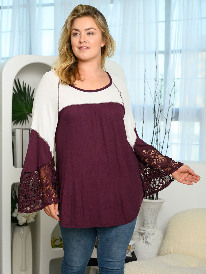 PLUS SIZE LONG BELL SLEEVE LACE TUNIC TOP
