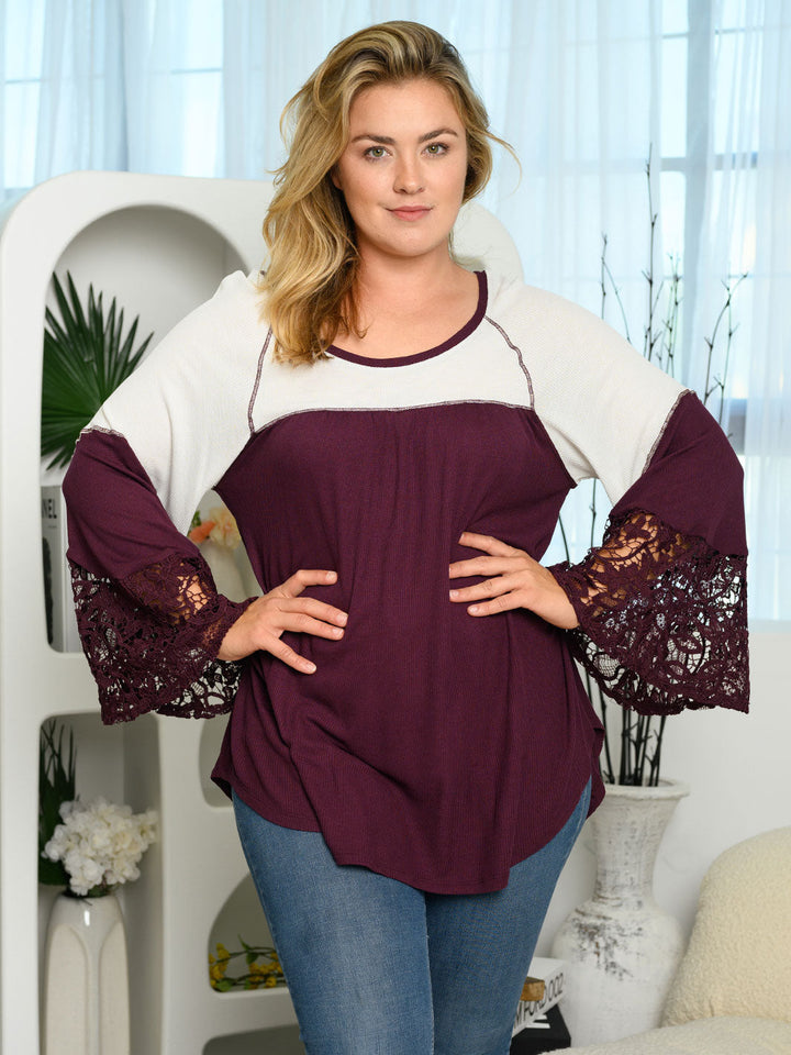 PLUS SIZE LONG BELL SLEEVE LACE TUNIC TOP