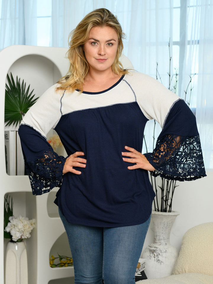 PLUS SIZE LONG BELL SLEEVE LACE TUNIC TOP