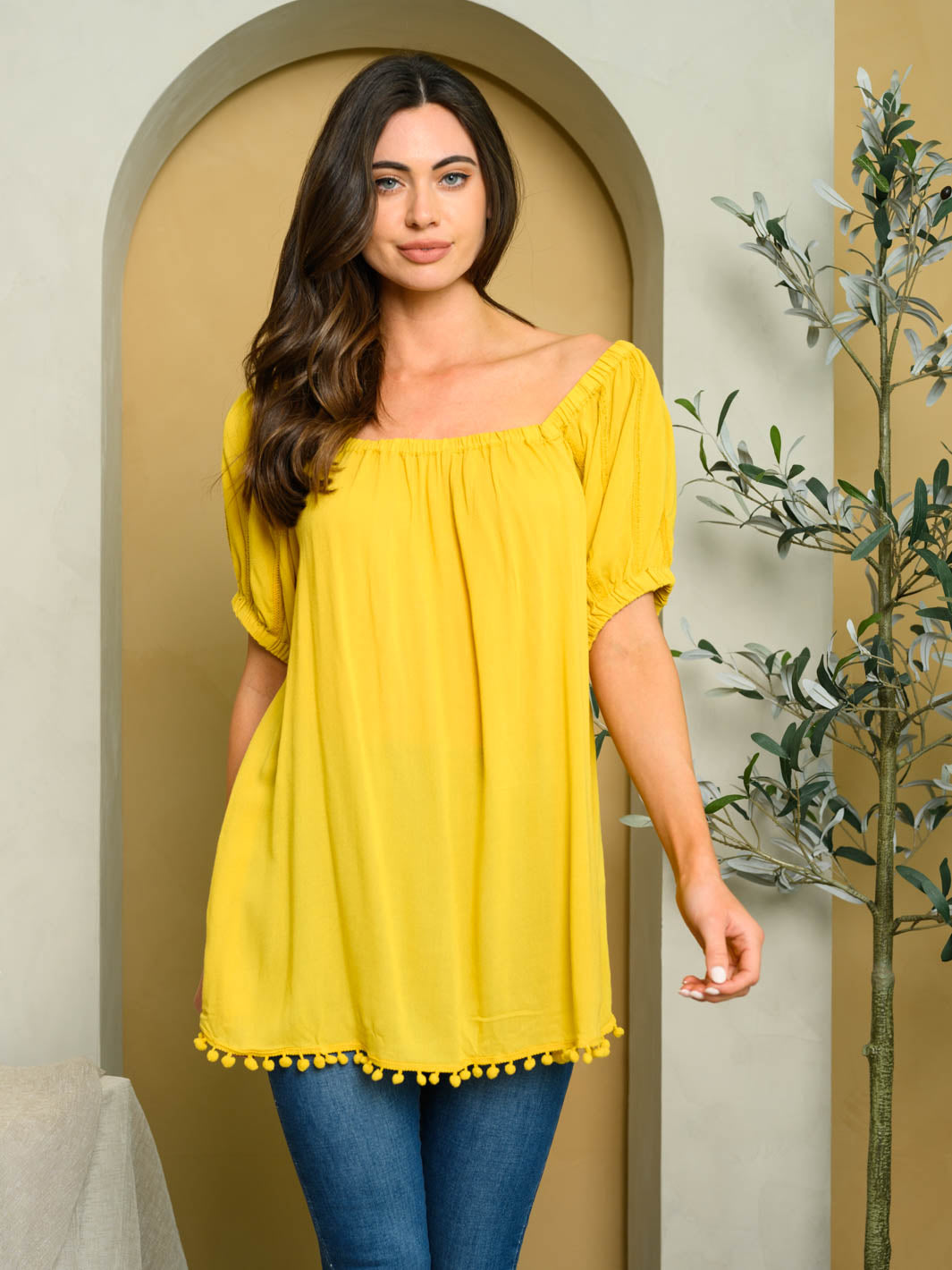 WOMEN'S OFF SHOULDER TRIM DETAIL TUNIC TOP