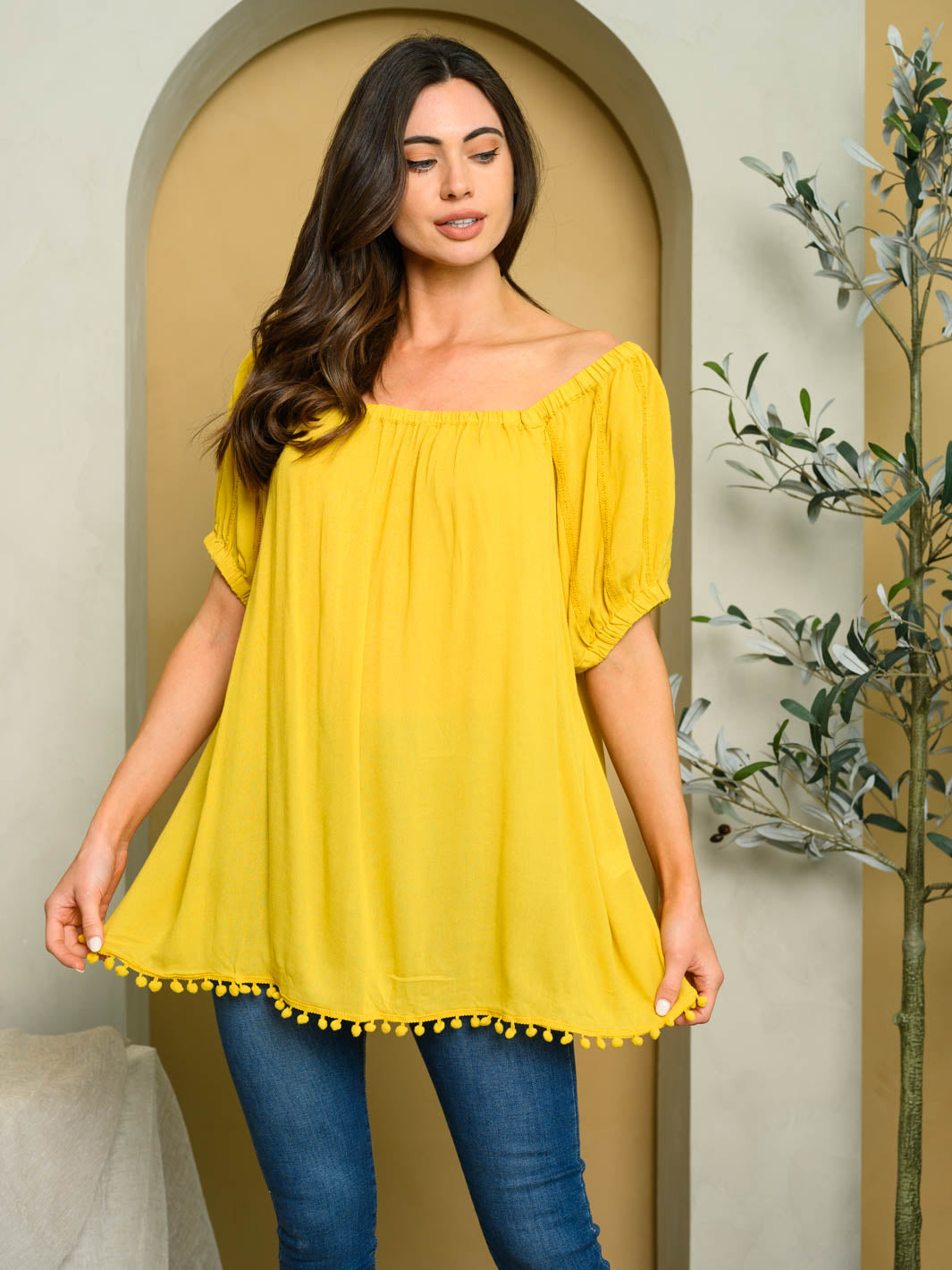 WOMEN'S OFF SHOULDER TRIM DETAIL TUNIC TOP
