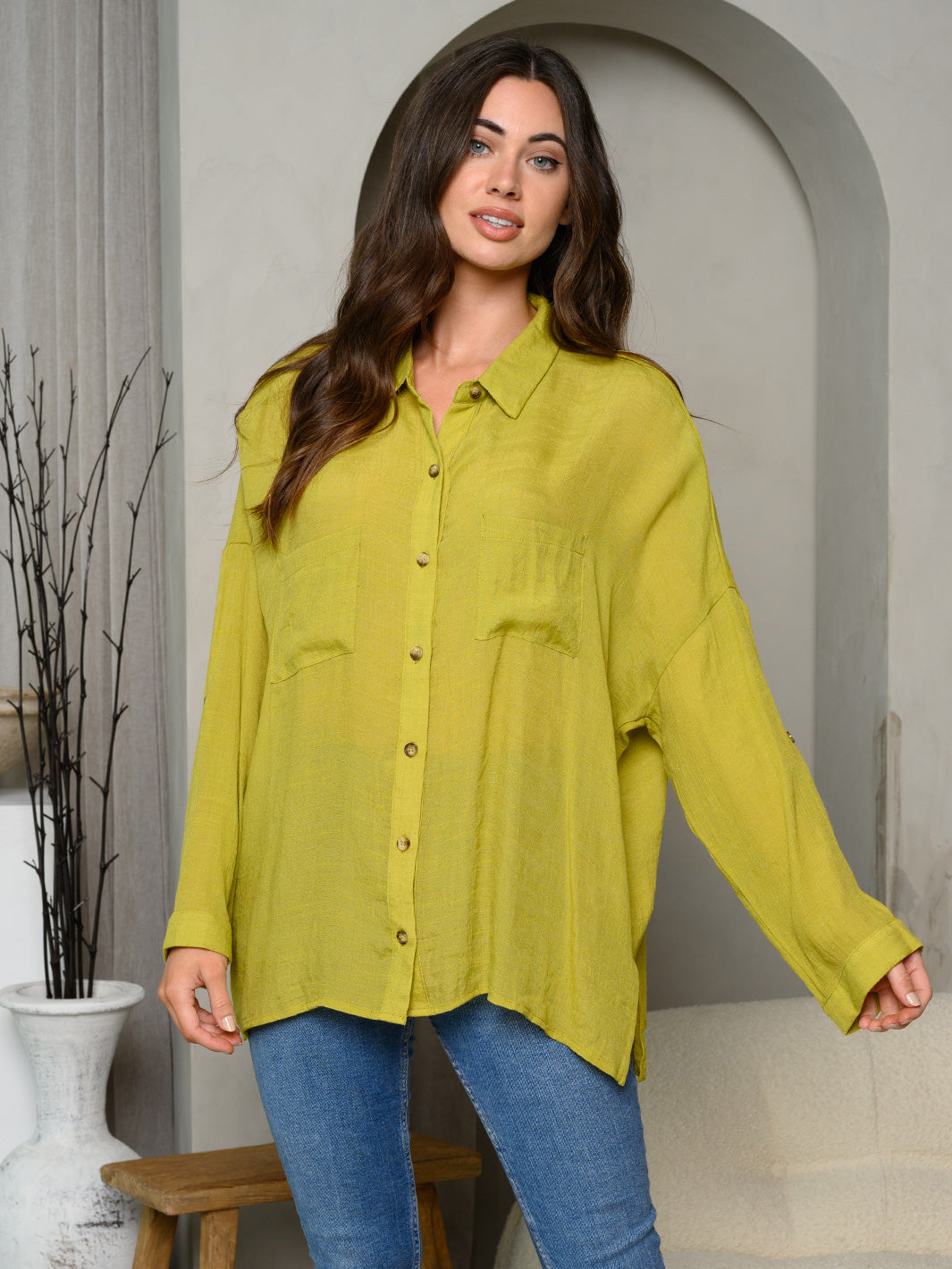 WOMEN'S LONG SLEEVE BUTTON UP SOLID TOP
