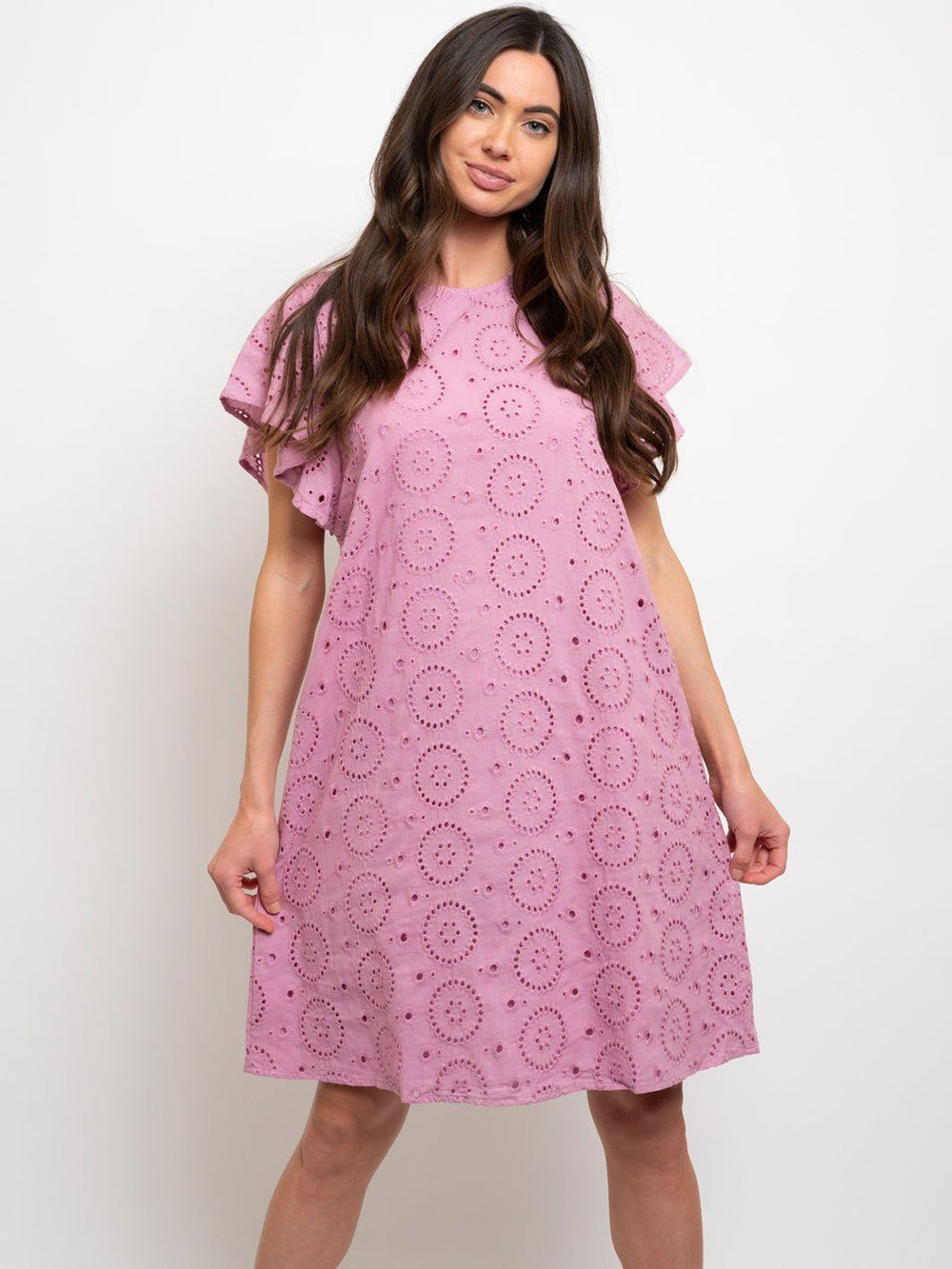 WOMEN'S MIDI CROCHET DETAIL RUFFLE SLEEVE DRESS