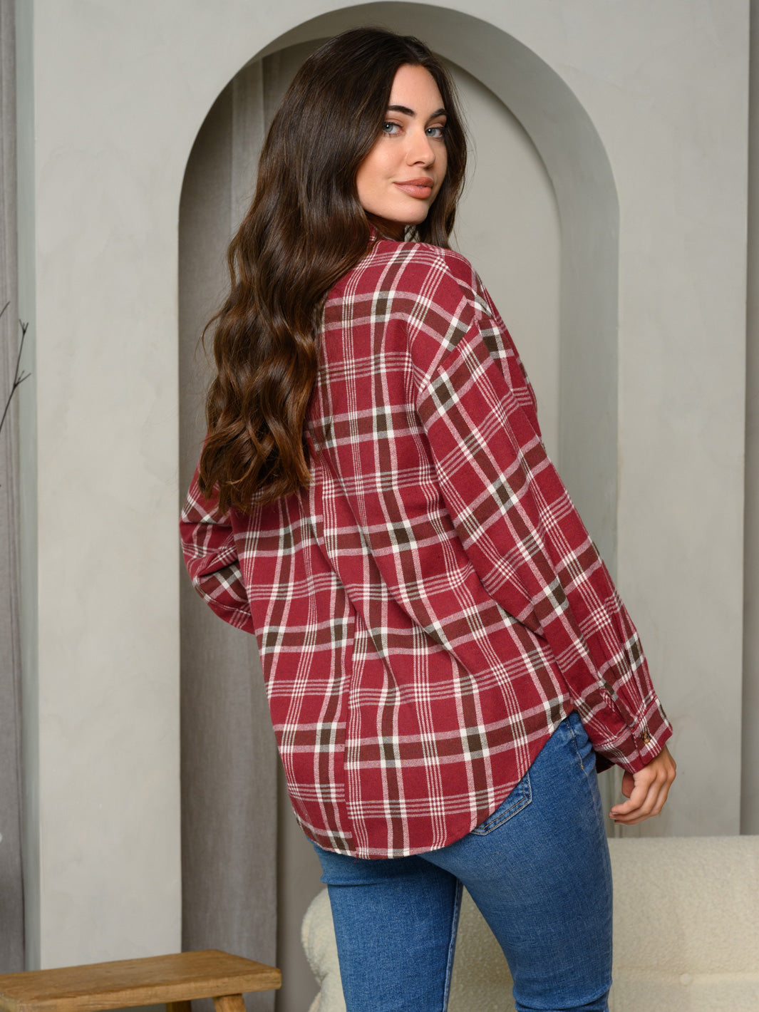 WOMEN'S LONG SLEEVE BUTTON UP PLAID TOP