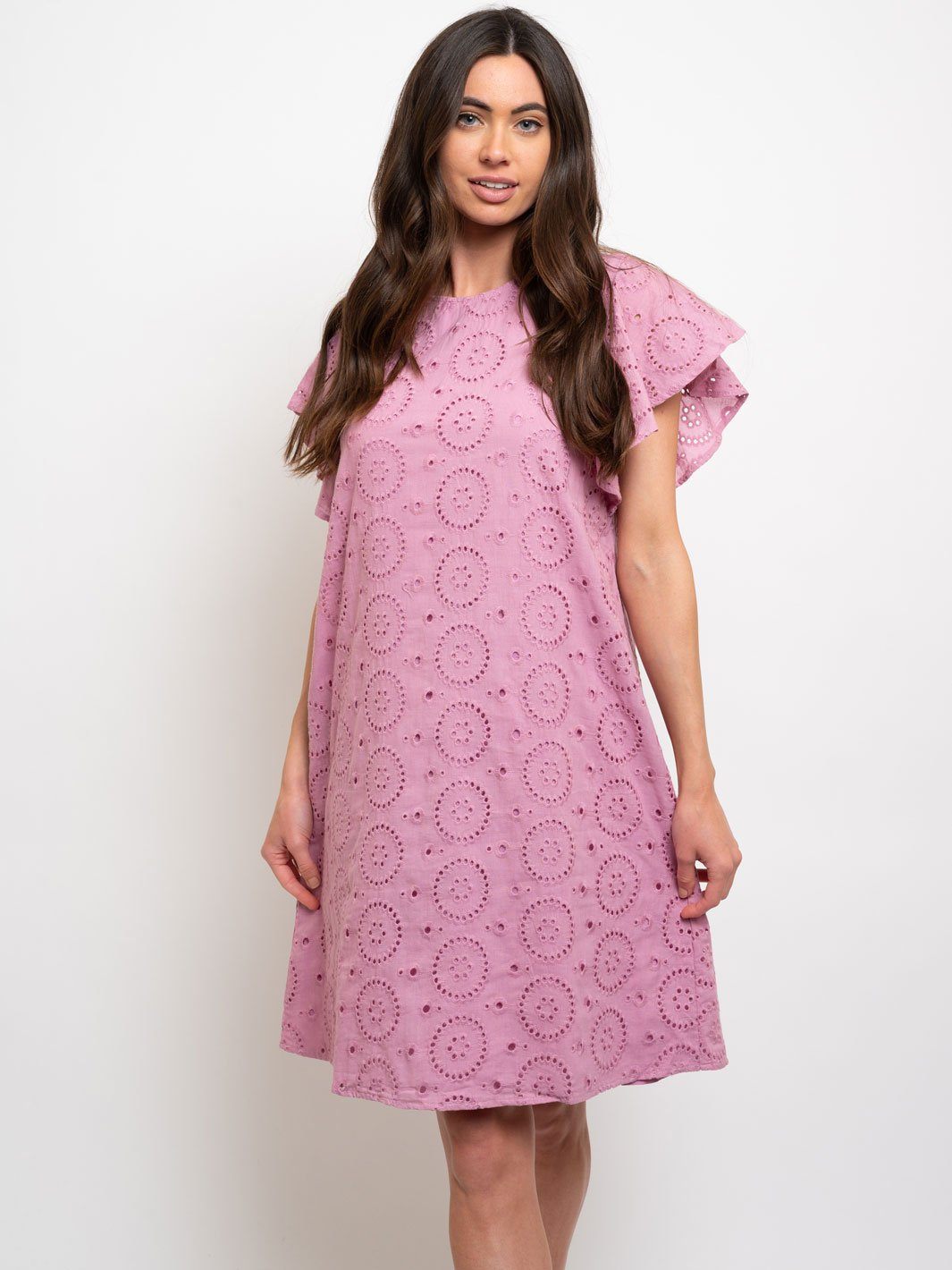 WOMEN'S MIDI CROCHET DETAIL RUFFLE SLEEVE DRESS