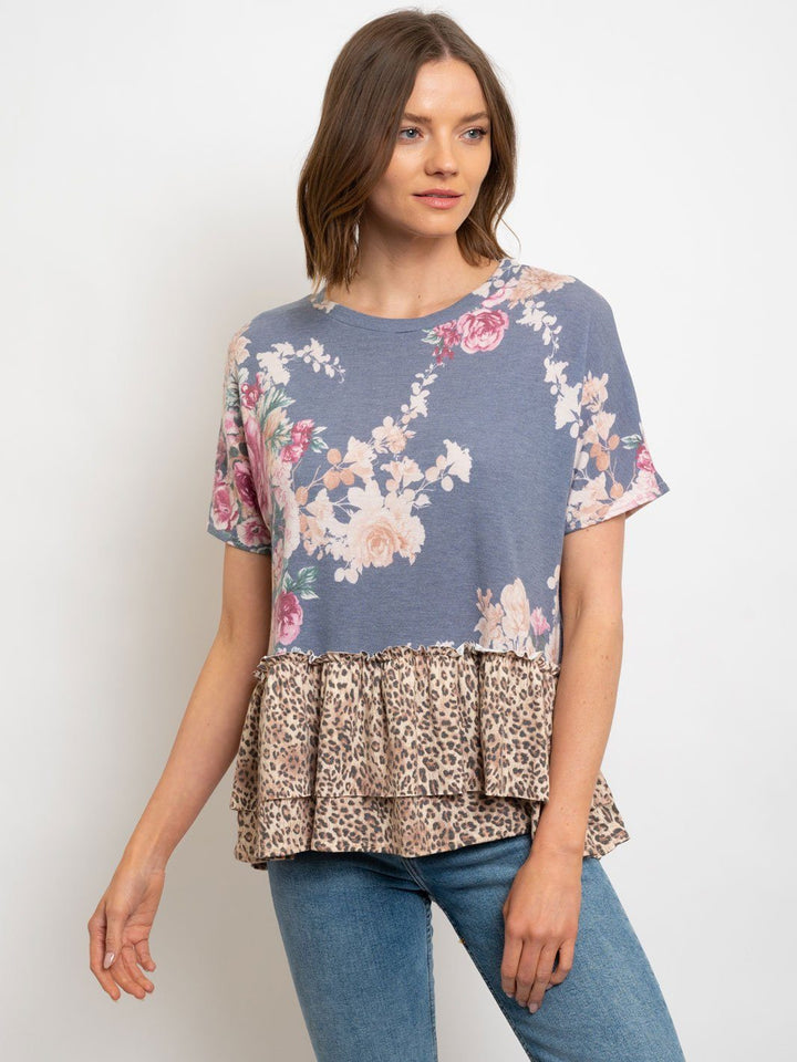 WOMEN'S BLUE FLORAL ANIMAL PRINT TOP