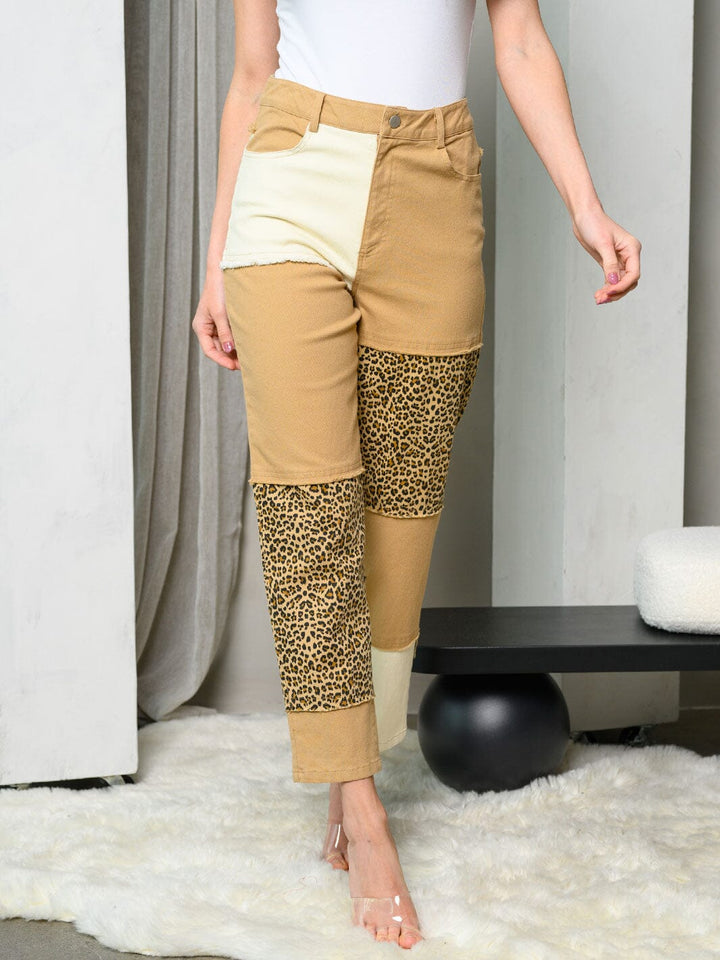 WOMEN'S COLORBLOCK ANIMAL PRINT DENIM PANTS