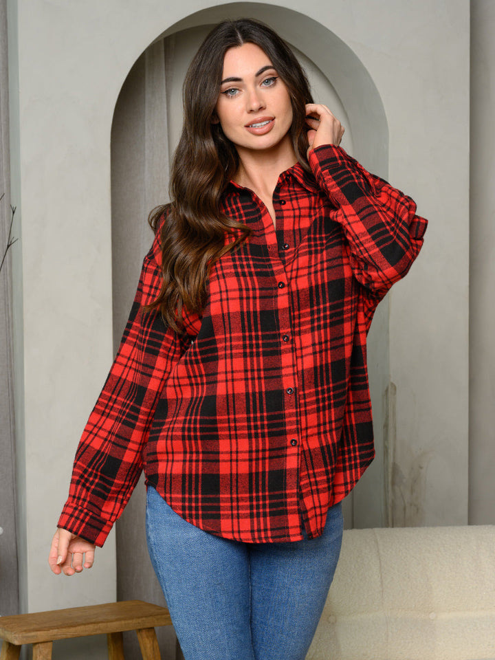 WOMEN'S LONG SLEEVE BUTTON UP PLAID TOP