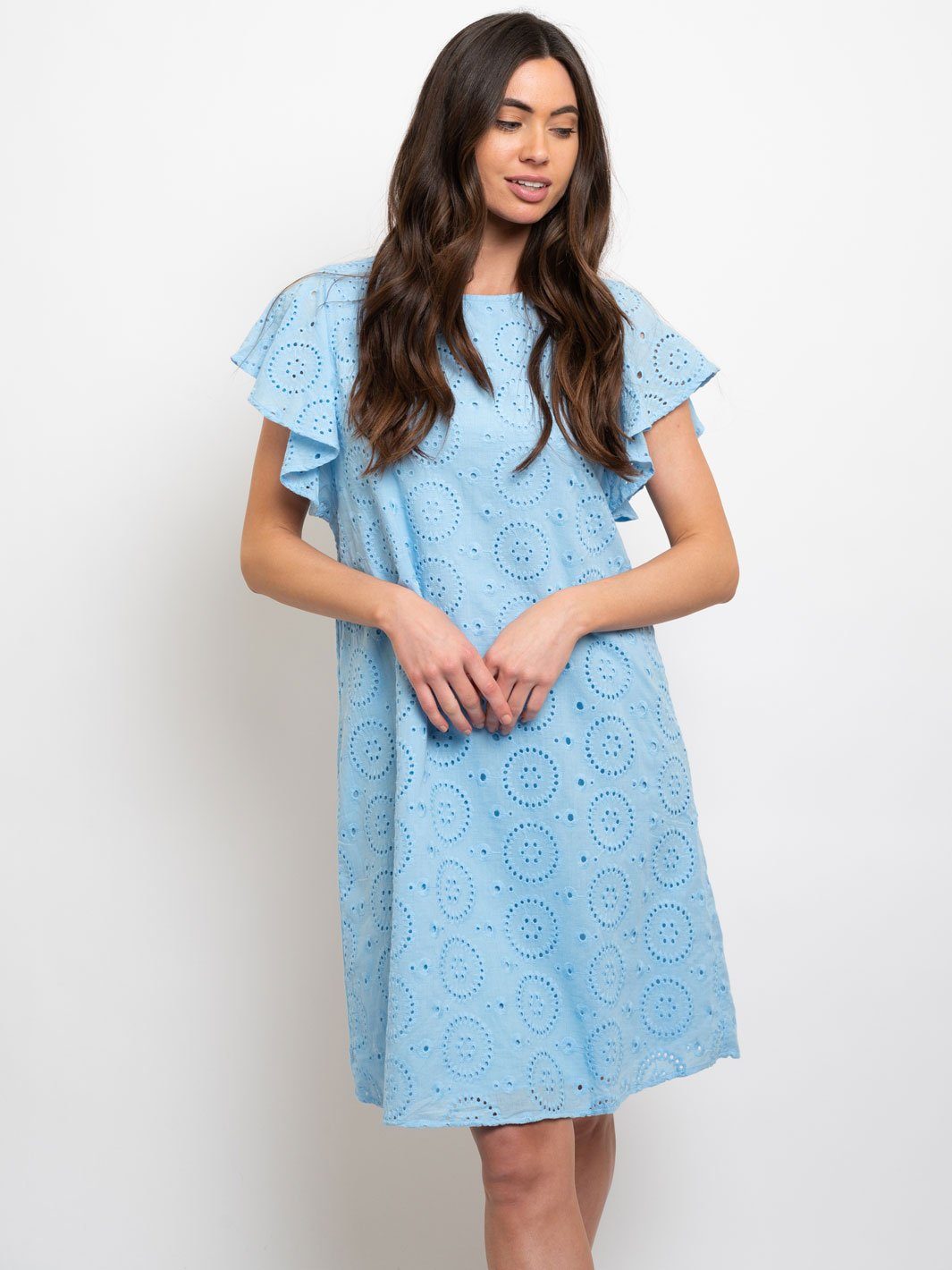 WOMEN'S MIDI CROCHET DETAIL RUFFLE SLEEVE DRESS