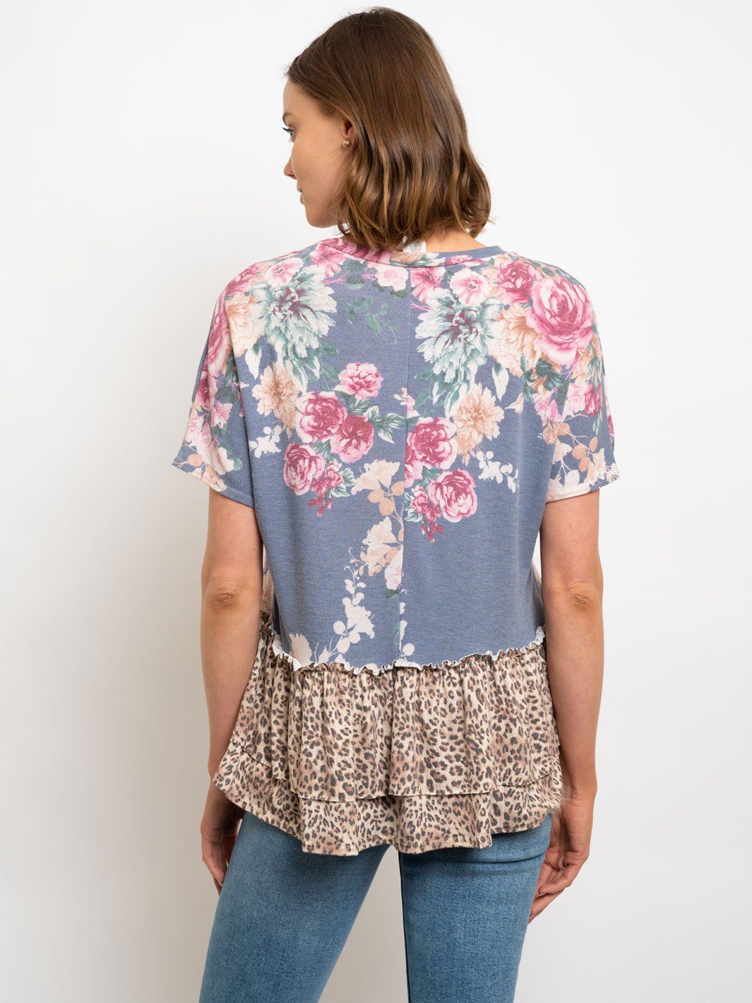 WOMEN'S BLUE FLORAL ANIMAL PRINT TOP