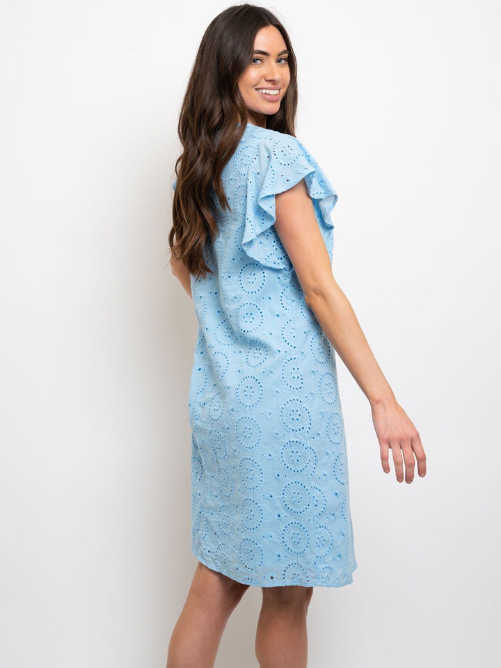 WOMEN'S MIDI CROCHET DETAIL RUFFLE SLEEVE DRESS