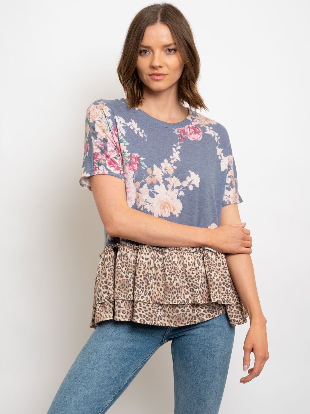 WOMEN'S BLUE FLORAL ANIMAL PRINT TOP