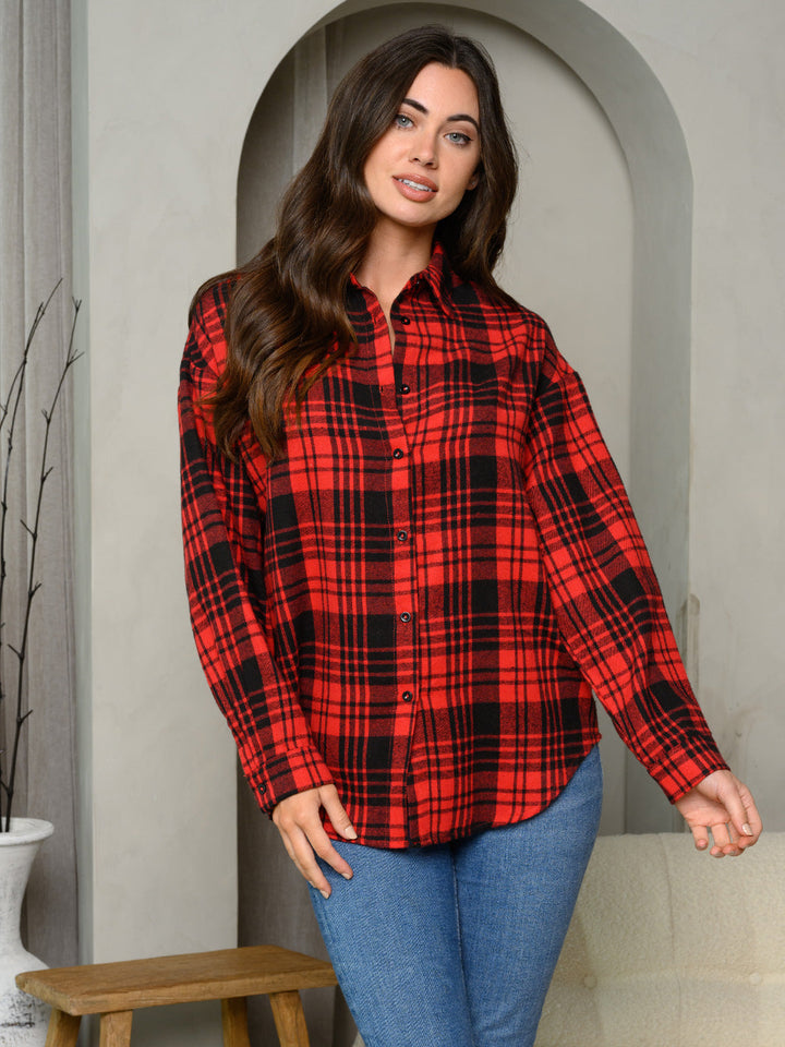 WOMEN'S LONG SLEEVE BUTTON UP PLAID TOP