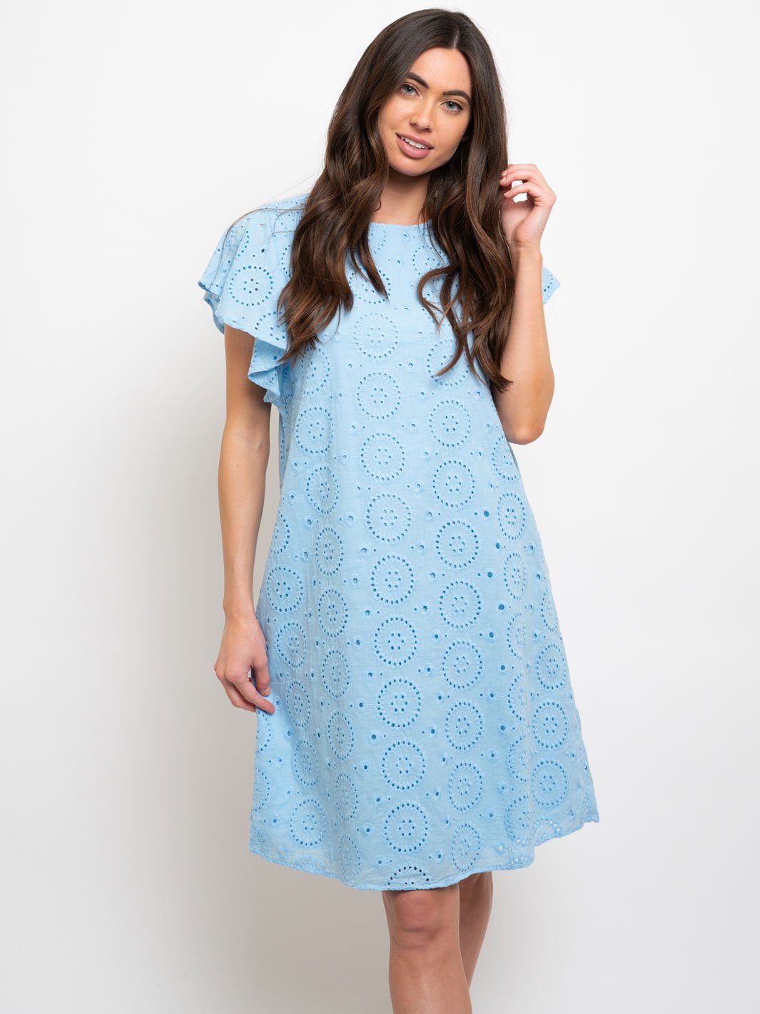 WOMEN'S MIDI CROCHET DETAIL RUFFLE SLEEVE DRESS