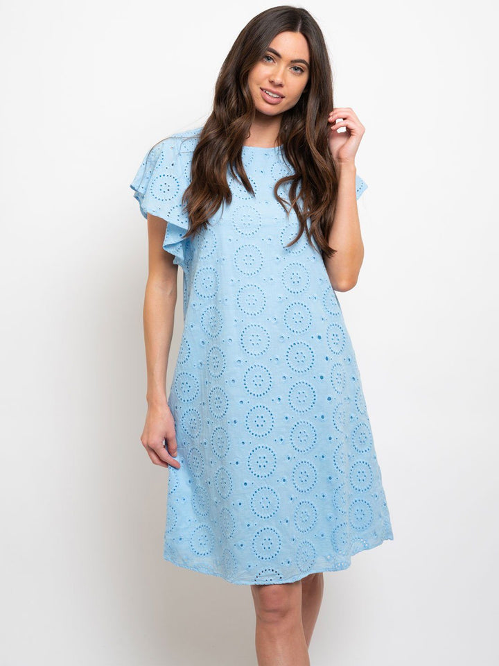 WOMEN'S MIDI CROCHET DETAIL RUFFLE SLEEVE DRESS