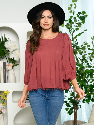 WOMEN'S 3/4 SLEEVES TRIM DETAIL TUNIC TOP