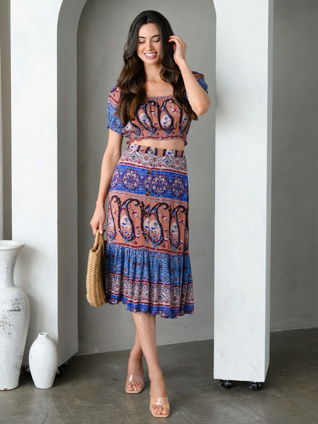 WOMEN'S SHORT SLEEVE TOP & MIDI SKIRT MULTI PRINT SET
