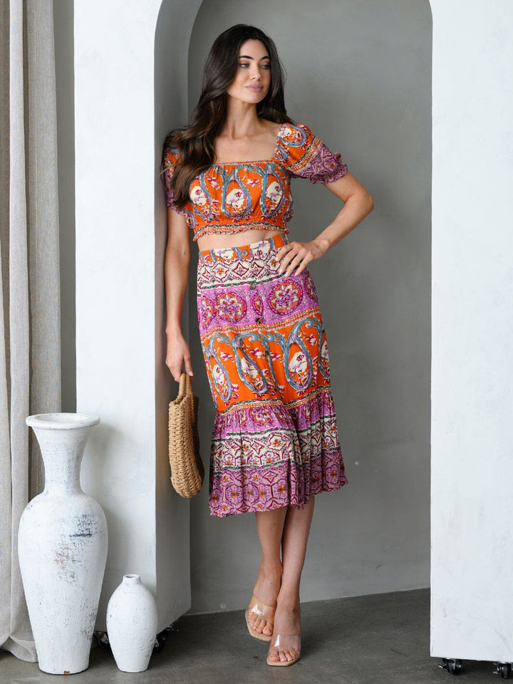 WOMEN'S SHORT SLEEVE TOP & MIDI SKIRT MULTI PRINT SET