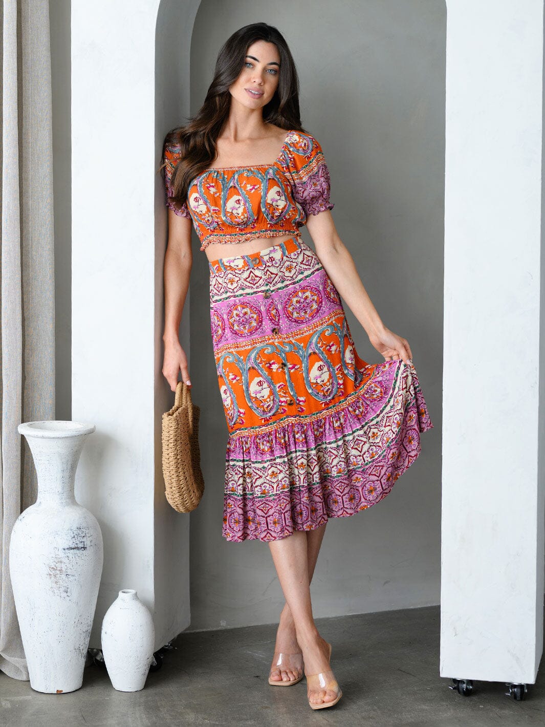 WOMEN'S SHORT SLEEVE TOP & MIDI SKIRT MULTI PRINT SET