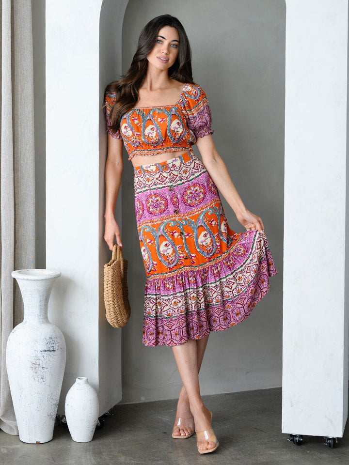 WOMEN'S SHORT SLEEVE TOP & MIDI SKIRT MULTI PRINT SET