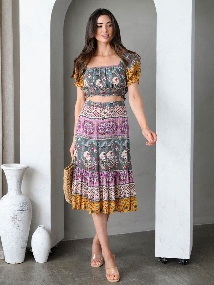 WOMEN'S SHORT SLEEVE TOP & MIDI SKIRT MULTI PRINT SET